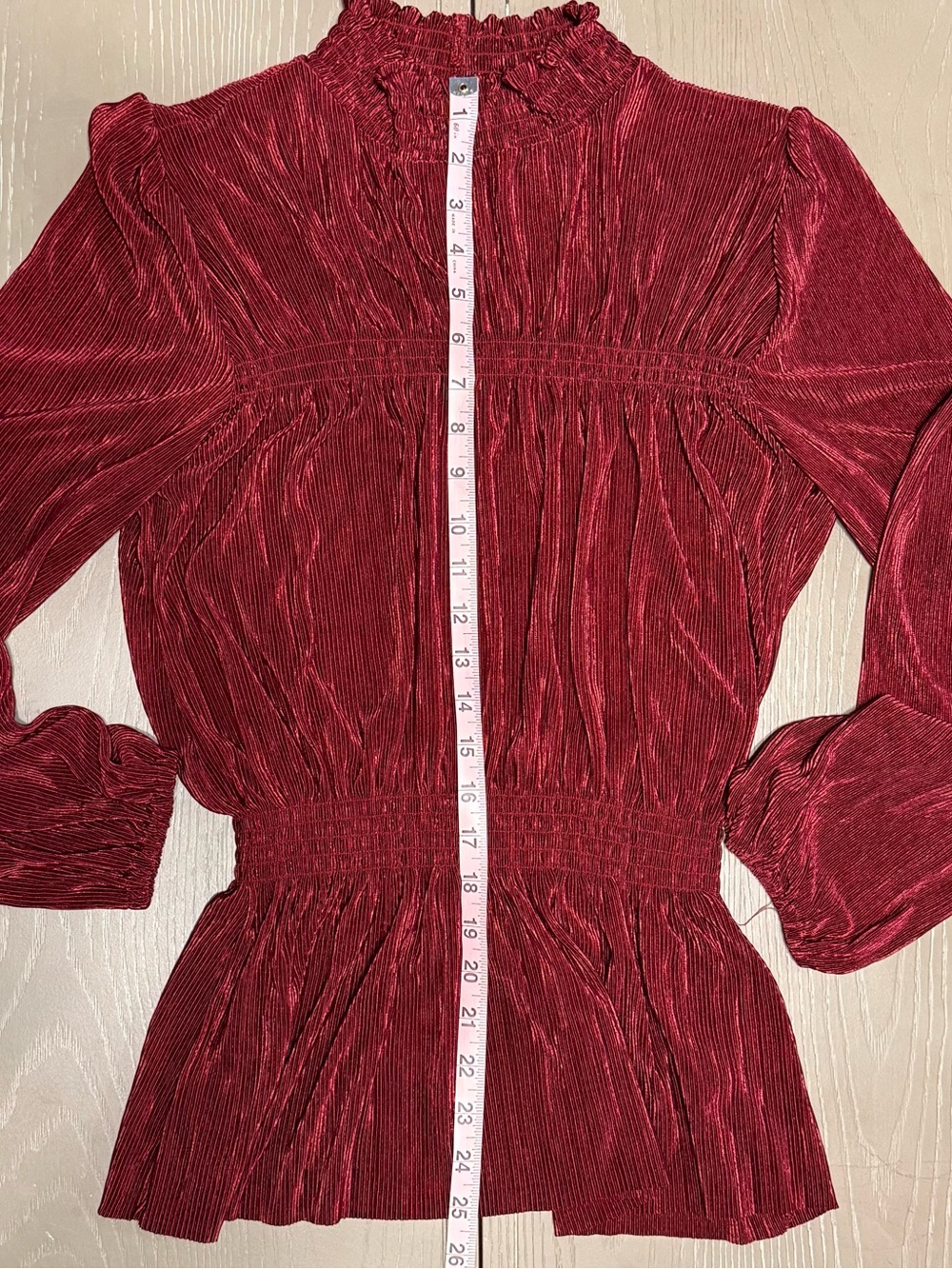 Badgley Mischka Metallic Plissé Smocked Ruffle Neck Blouse Tunic Red M - Picture 8 of 12